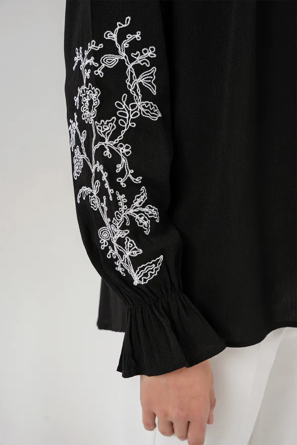Kadın Nakışlı Örme Bluz 941 - Siyah