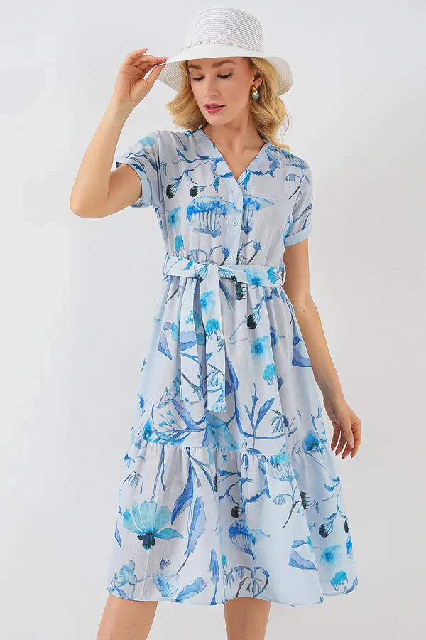Women's Patterned Short Sleeve Dress 2558 - Blue