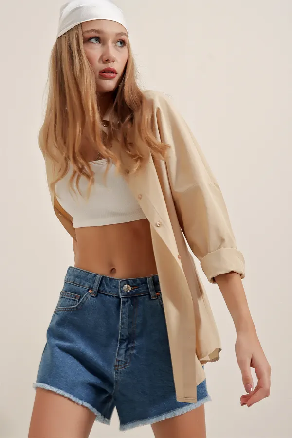 3900 Oversize Long Basic Shirt - Beige