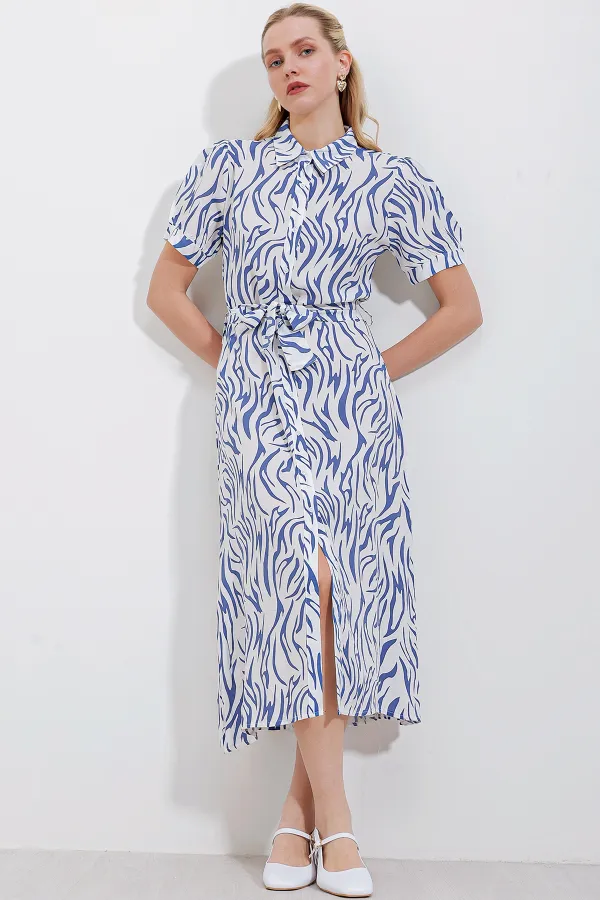 2213 Kısa Kol Viskon Elbise - Mavi