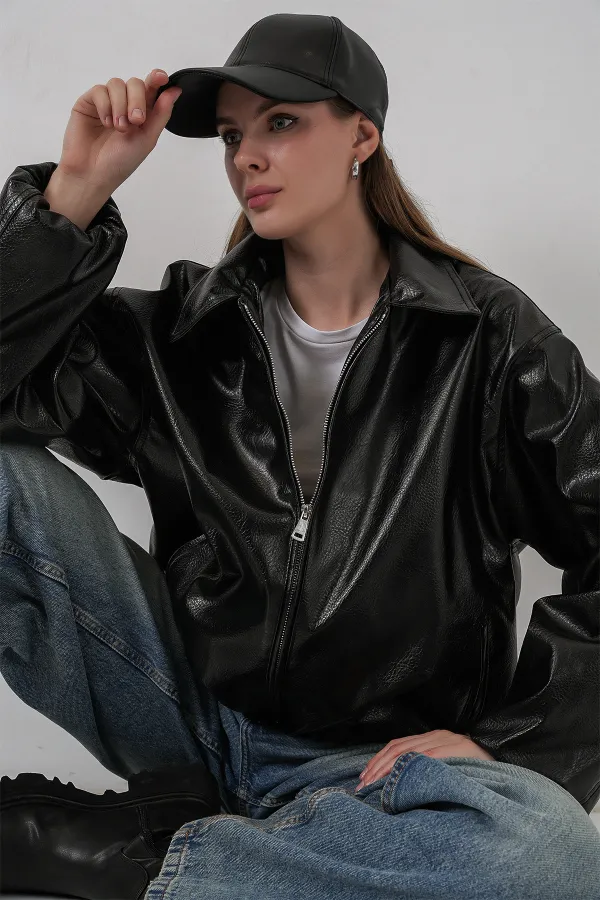 Veste oversize en similicuir pour femme 1049 - Noir