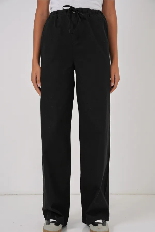 6690 Kadın Bol Paça Yüksek Bel Pantolon - Siyah