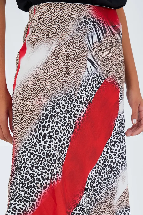 Jupe en satin rouge et noir à motifs pour femme 15806