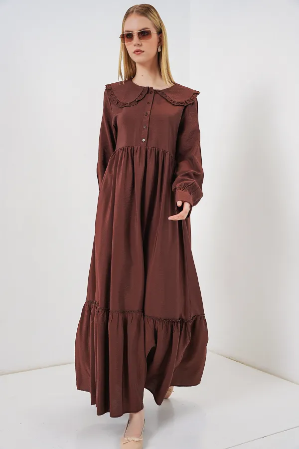 Kadın Bebe Yaka Uzun Tesettür Elbise 2592 - Kahverengi