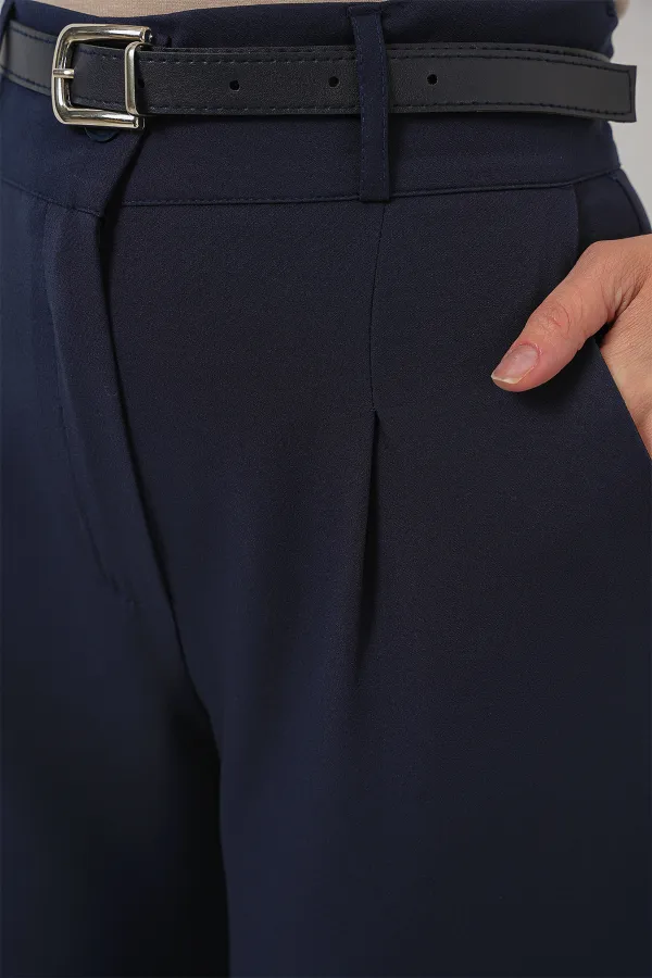 Women's Pleated Belted Fabric Trousers 6725 - Navy Blue
