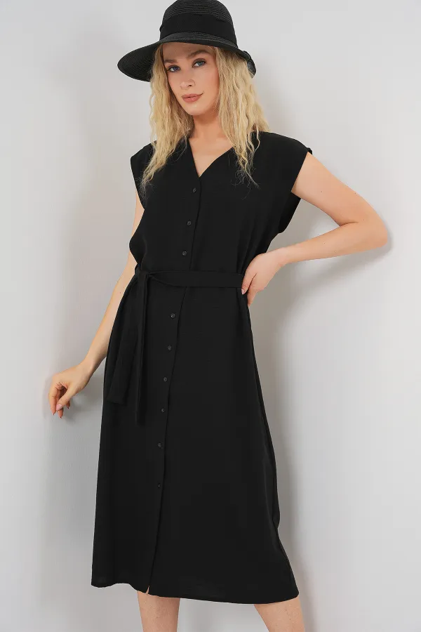 Women's Sleeveless Belted Ayrobin Dress 2568 - Black
