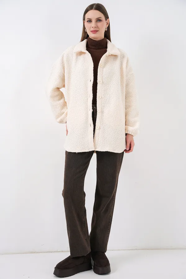 0675 Yün Karışımlı Buklet Ceket - Krem