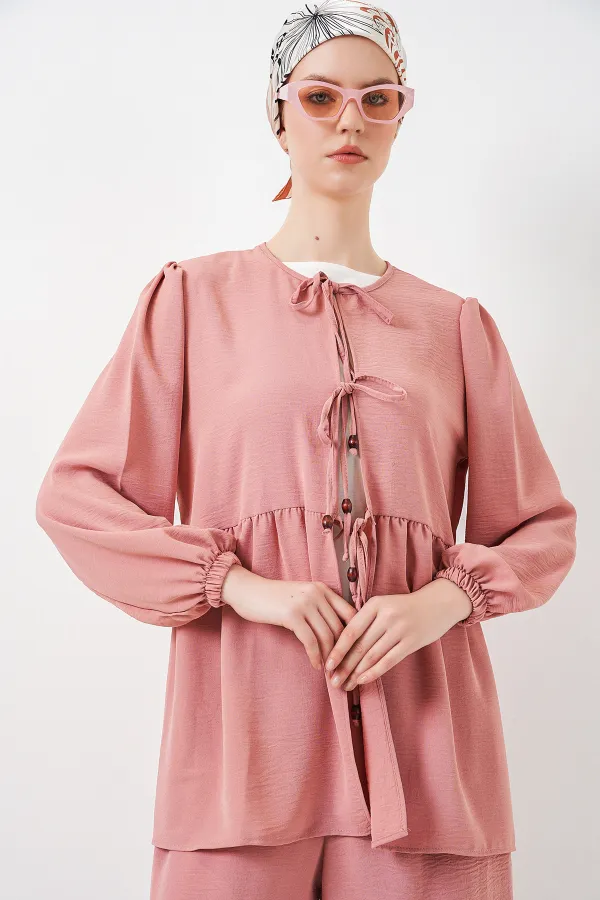 Kadın Önü Bağcıklı Tunik Pantolon İkili Takım 6744 - Pudra