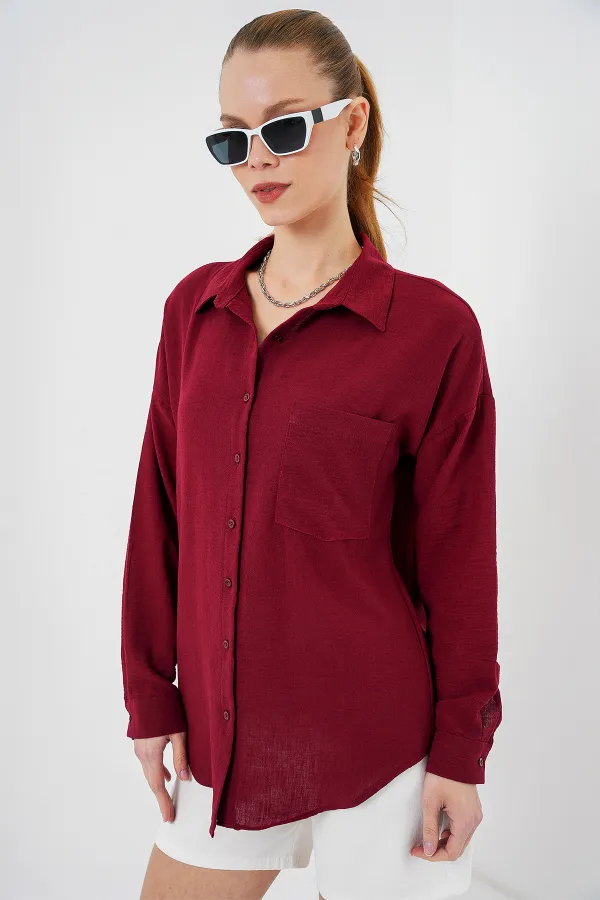 20153 Tek Cepli Oversize Keten Gömlek - Bordo 20153 Tek Cepli Oversize Keten Gömlek - Bordo
