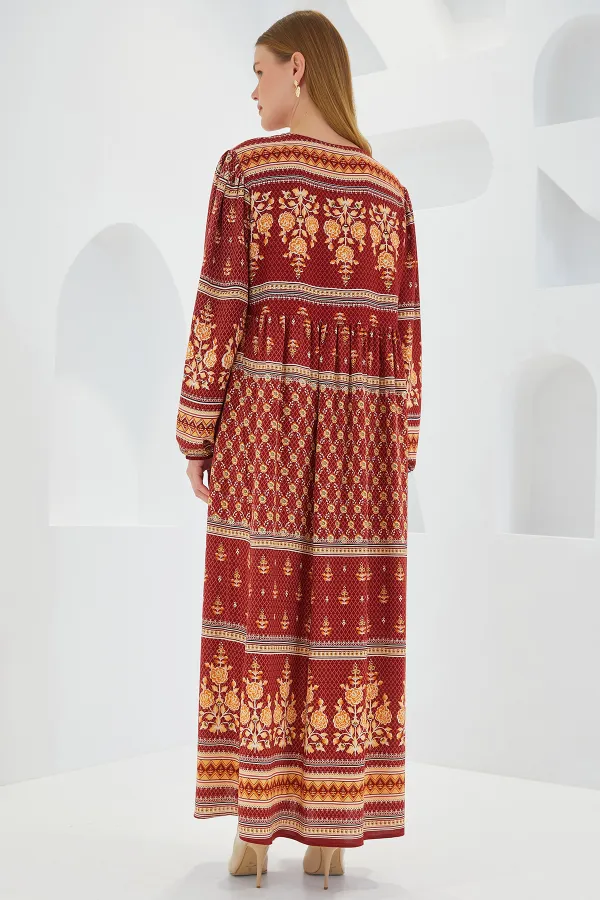 Kadın Kiremit Bej Desenli Uzun Viskon Elbise 1947