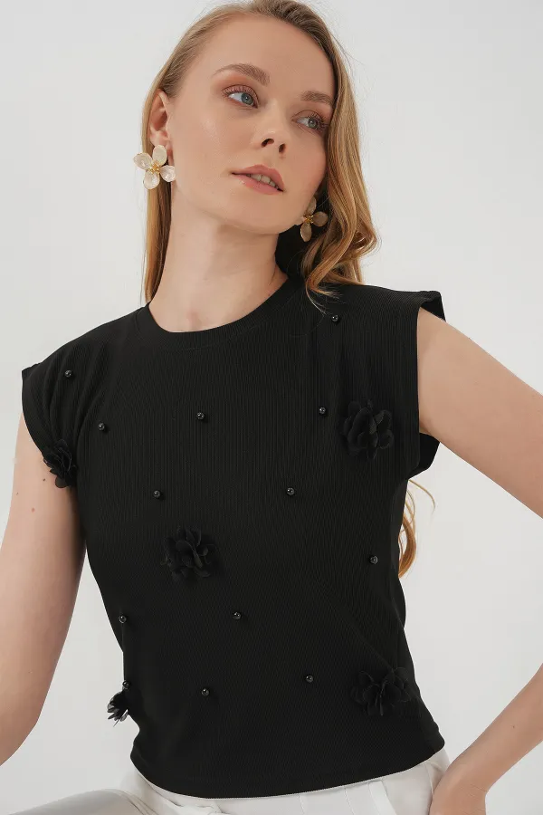 929 Short Sleeve Knitted Blouse - Black