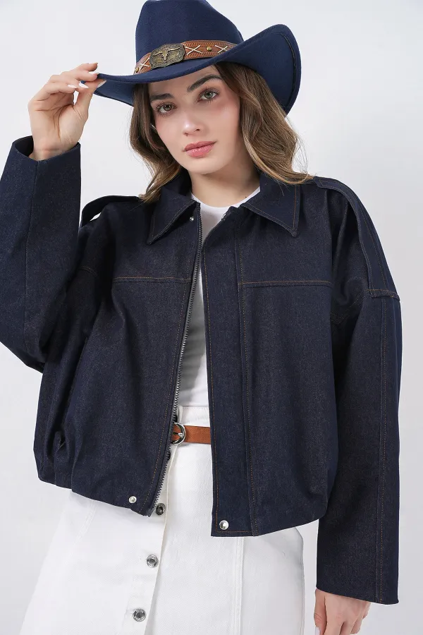 Women's Denim Bomber Jacket 0737 - Navy Blue