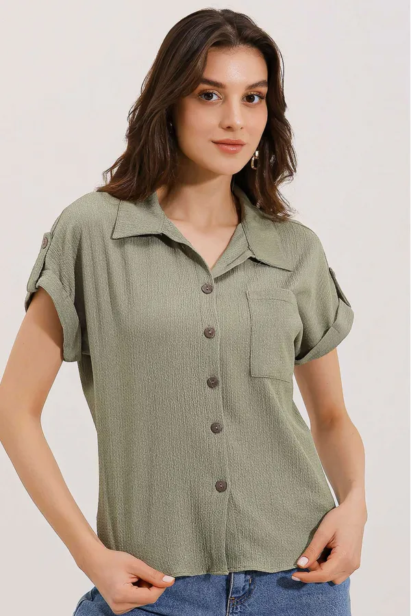 20187 Short Sleeve Oversize Knitted Shirt - Çağla