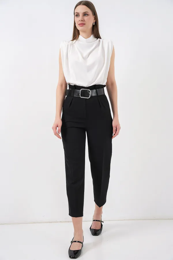 6556 Kemerli Kumaş Pantolon - Siyah