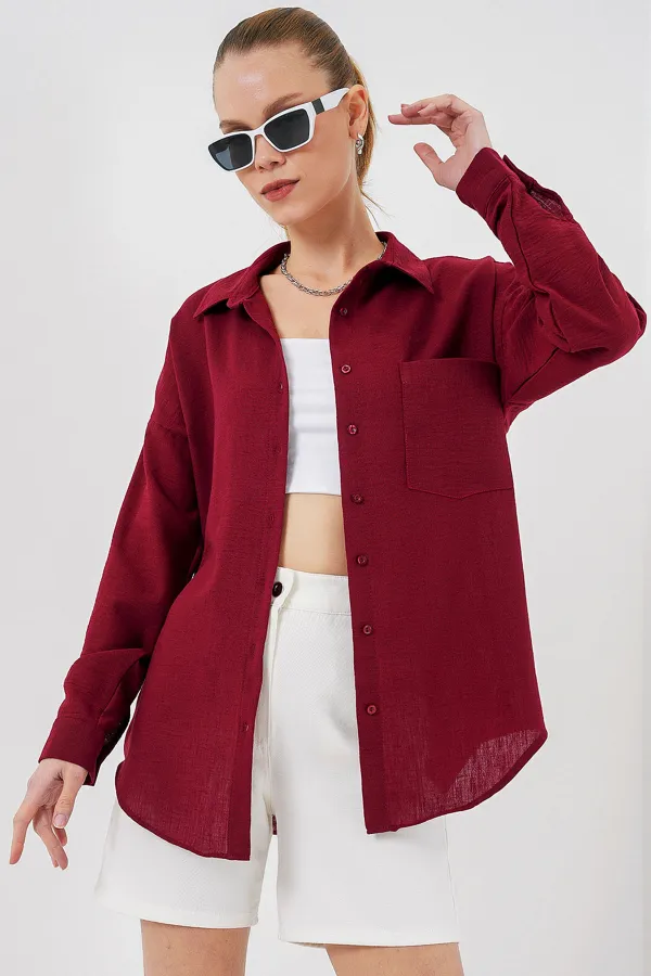 20153 Tek Cepli Oversize Keten Gömlek - Bordo 20153 Tek Cepli Oversize Keten Gömlek - Bordo