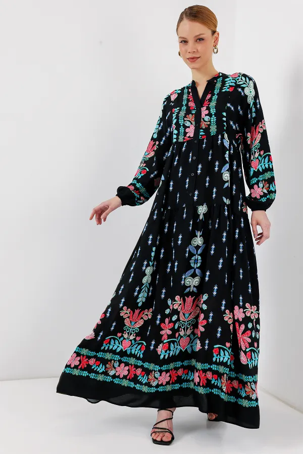 Robe hijab à motifs authentiques 2423 - Noir - Menthe