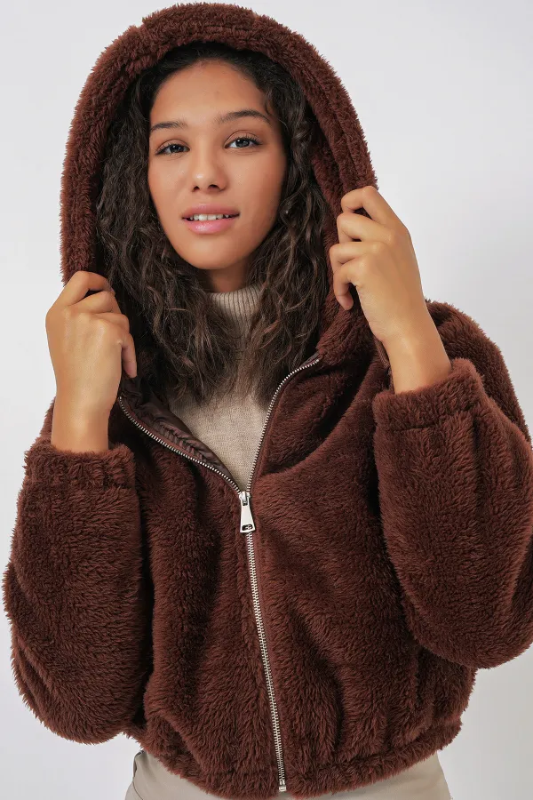 5193 Hooded Plush Crop Jacket - Brown