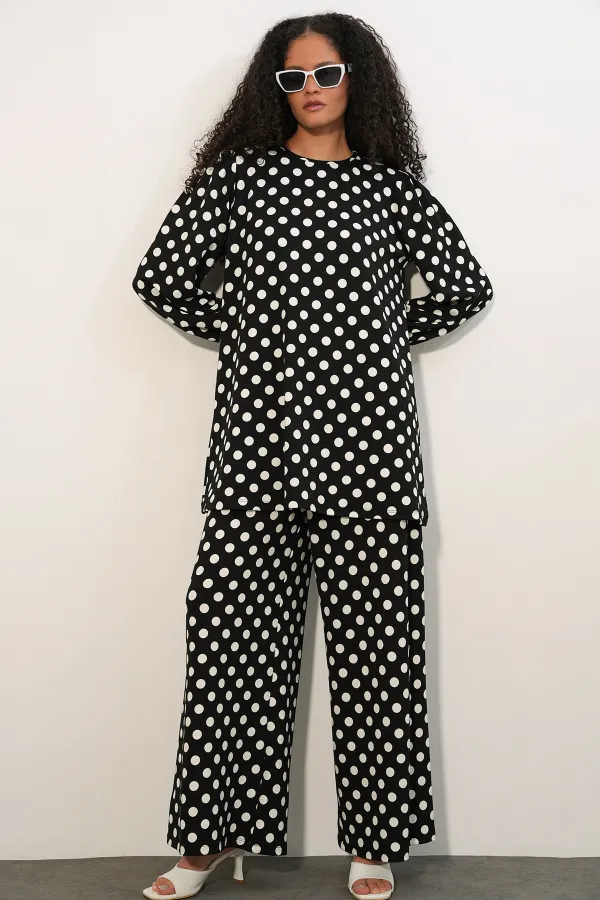 Women's Tunic and Pants Polka Dot Top and Bottom Set 6663 - A.Black Women's Tunic and Pants Polka Dot Top and Bottom Set 6663 - A.Black