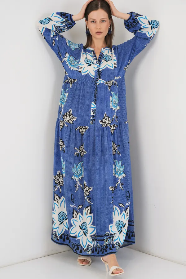 Robe longue hijab à motifs pour femme 2585 - Bleu foncé