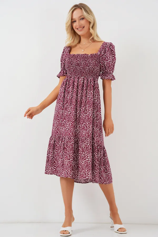 Women's Short-Sleeve Floral Dress 2556 - Burgundy