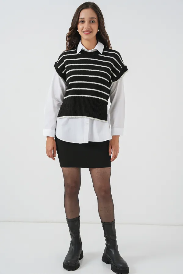 Kadın Çizgili Triko Süveter 15926 - Siyah