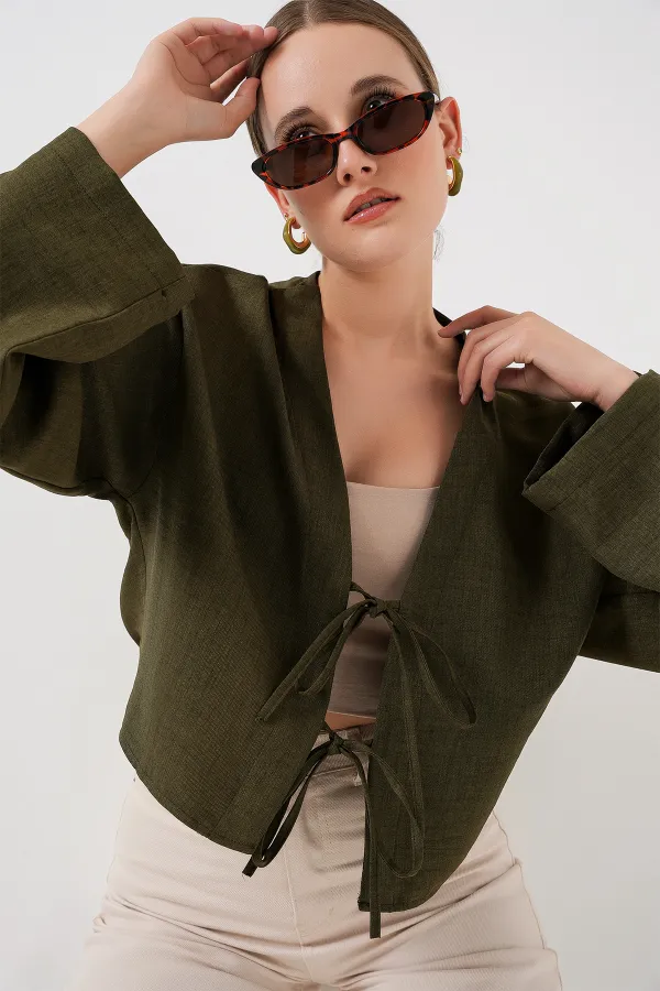 Tie-Front Linen Kimono 960 - Khaki