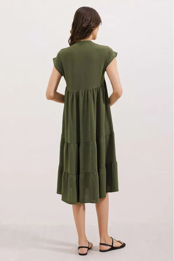 2398 V-Neck Flounce Dress - Khaki