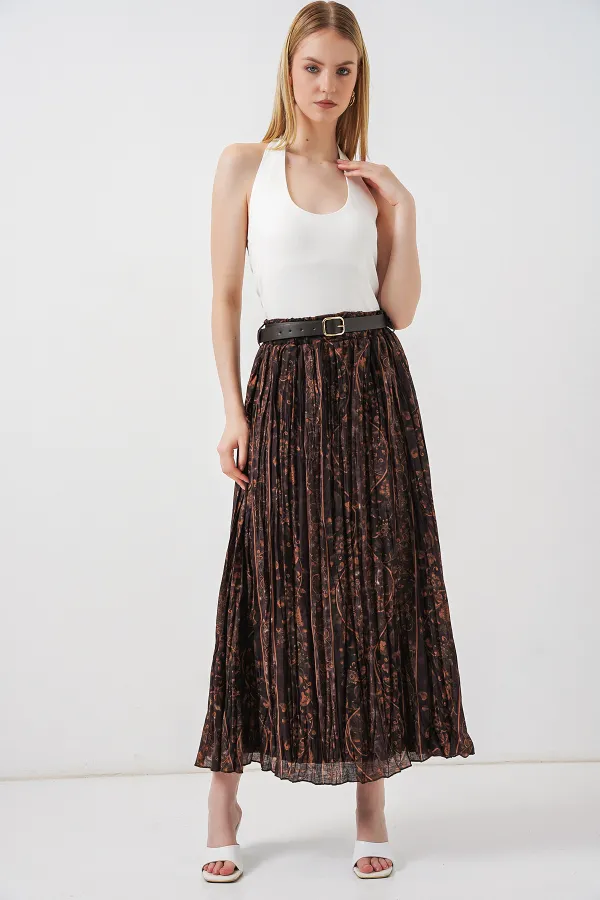 Kadın Kemerli Desenli Etek 8074 - Kahverengi