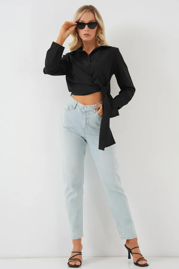 Chemise à manches longues nouée pour femme 20325 - Noire