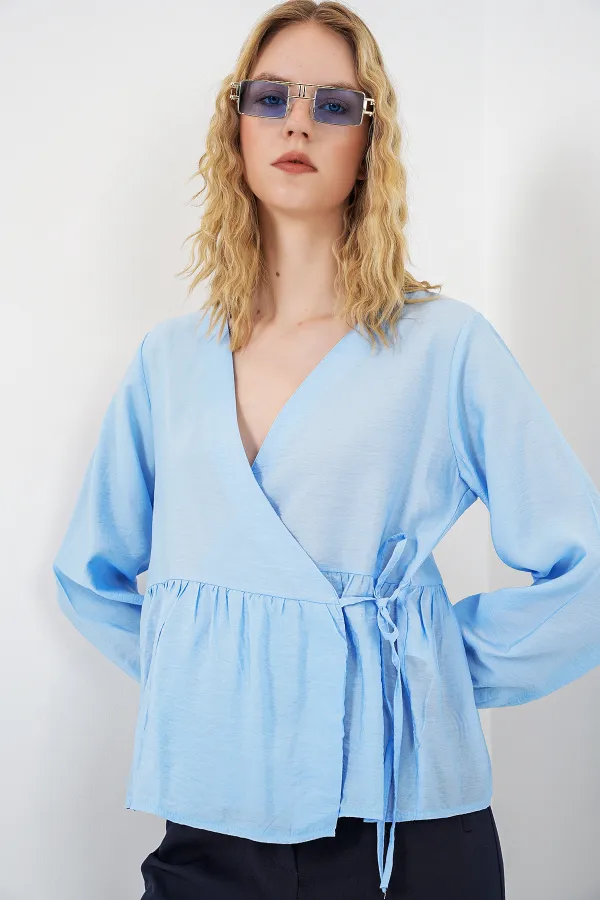 Kadın Yandan Bağlamalı Uzun Kollu Bluz 996 - Mavi