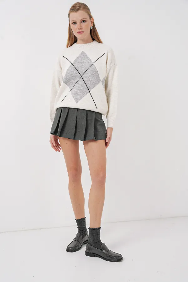 Pull oversize en maille à motif losanges - Gris clair 15895