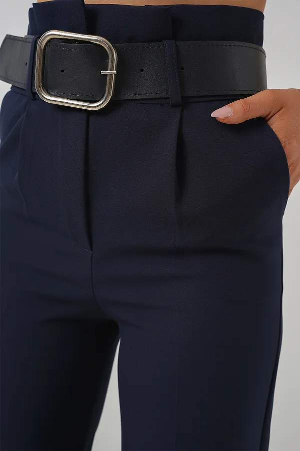 6556 Kemerli Kumaş Pantolon - Lacivert