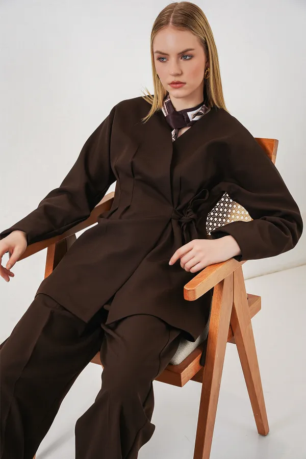 Kadın Yandan Bağlamalı Ceket Pantolon İkili Takım 30099 - Kahverengi