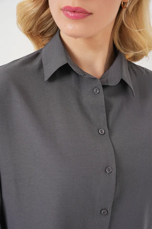 Kadın Gri Düz Oversize Uzun Basic Gömlek 3900