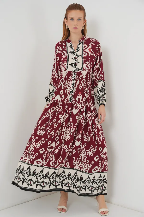Robe longue hijab à motifs pour femme 2585 - Bordeaux