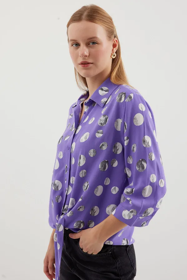 20243 Tied Front Patterned Shirt - Lilac