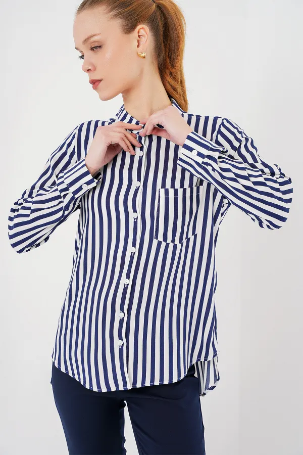 Kadın Uzun Kollu Çizgili Gömlek 20283 - Lacivert