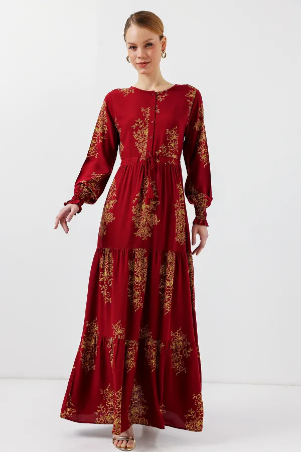 2145 Desenli Tesettür Elbise - B.Kırmızı