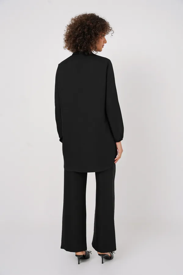 6678 Keten Tunik Pantolon İkili Takım - Siyah