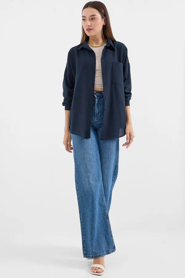 20153 Single Pocket Oversize Linen Shirt - Navy Blue 20153 Single Pocket Oversize Linen Shirt - Navy Blue