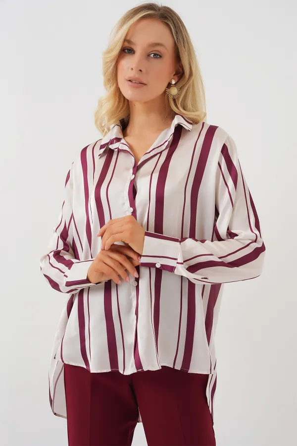 Chemise longue rayée en satin pour femme 20291 - Bordeaux