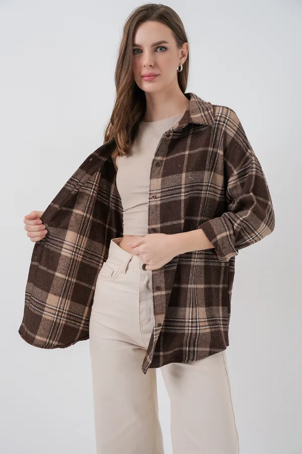 Women's Plaid Pattern Oversize Lumberjack Shirt 3854 Brown