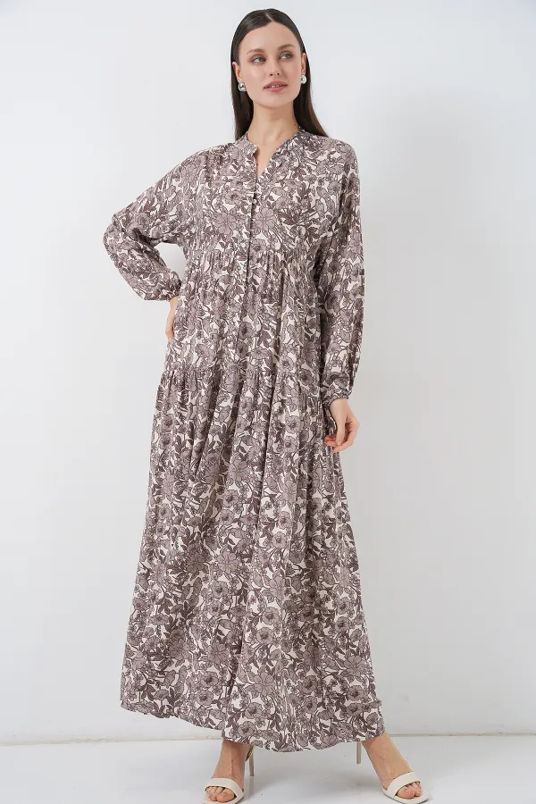 Kadın Desenli Uzun Tesettür Elbise 2585 - E. Kahve