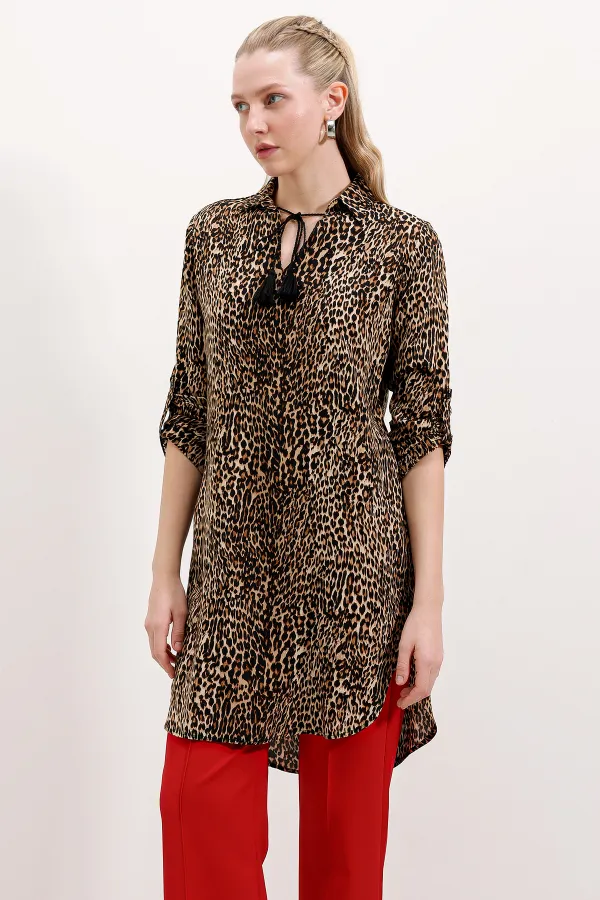 Tunique rayée à col noué 5613 - Marron clair