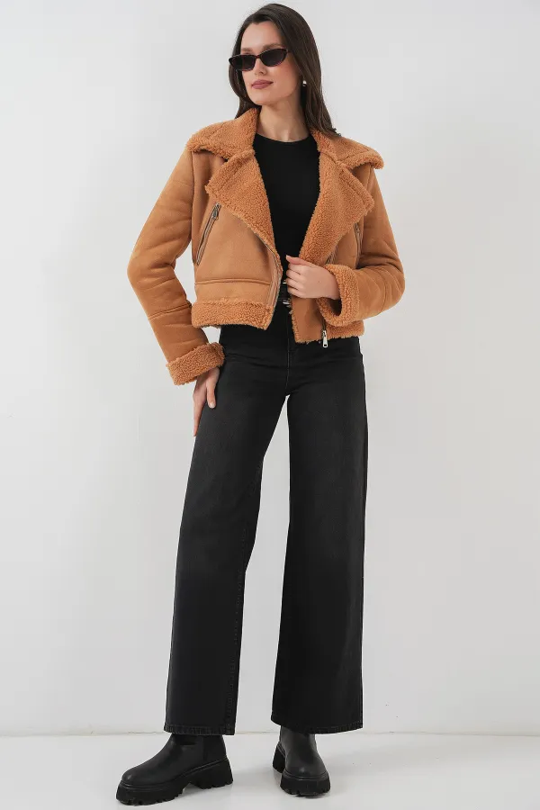 5155 Double-Breasted Faux Fur Leather Jacket - Dark Brown