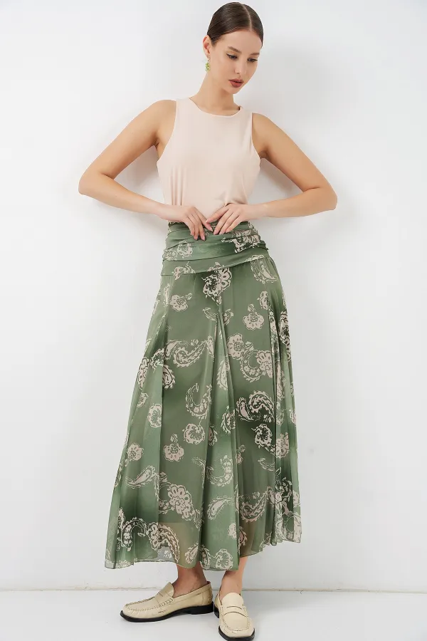Kadın Desenli Şifon Etek 8057 - E.Yeşil