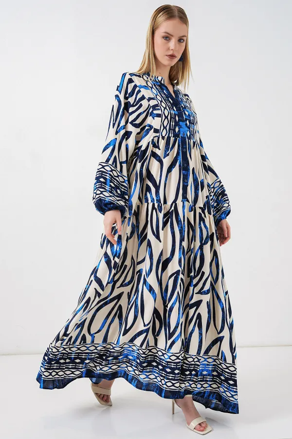 Kadın Desenli Uzun Tesettür Elbise 2585 - T. Lacivert