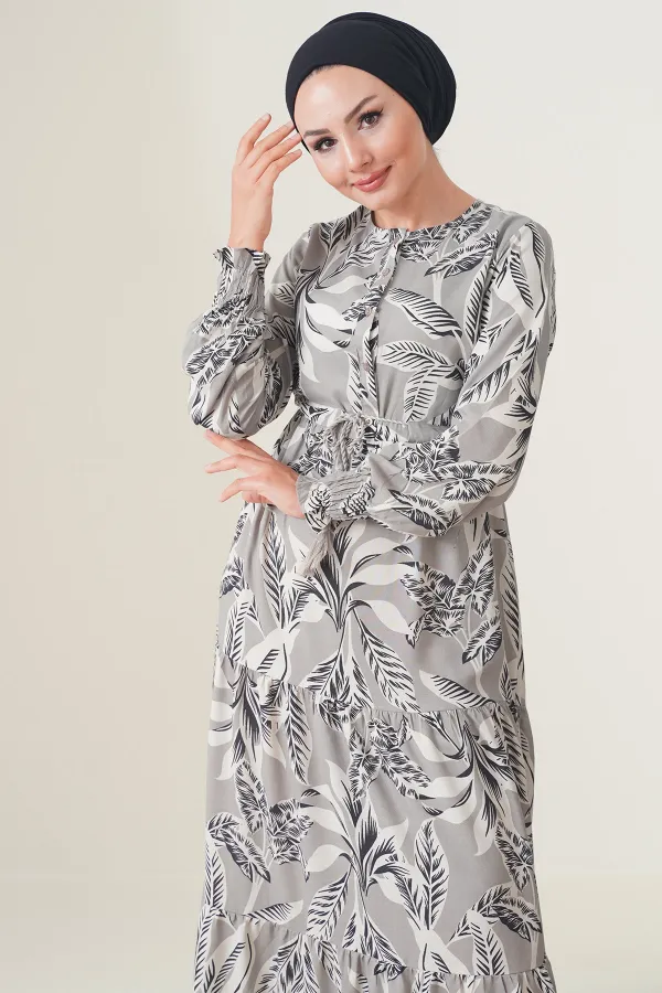 2145 Patterned Hijab Dress - Stone