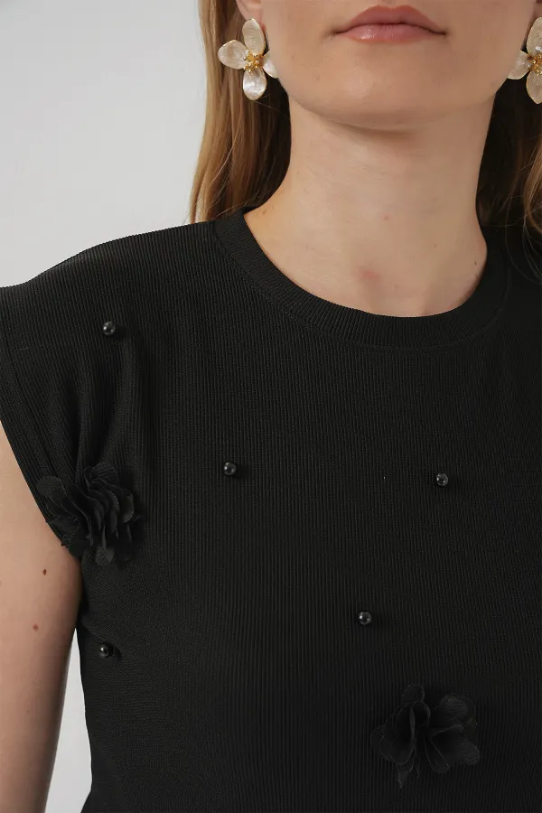 929 Short Sleeve Knitted Blouse - Black