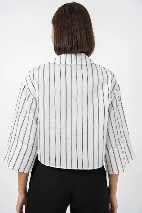 Women's Striped Oversize Short Shirt 20326 - B. White